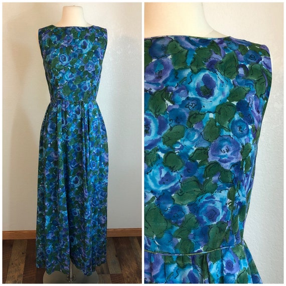 1960s Blue Floral Chiffon Dress - image 1