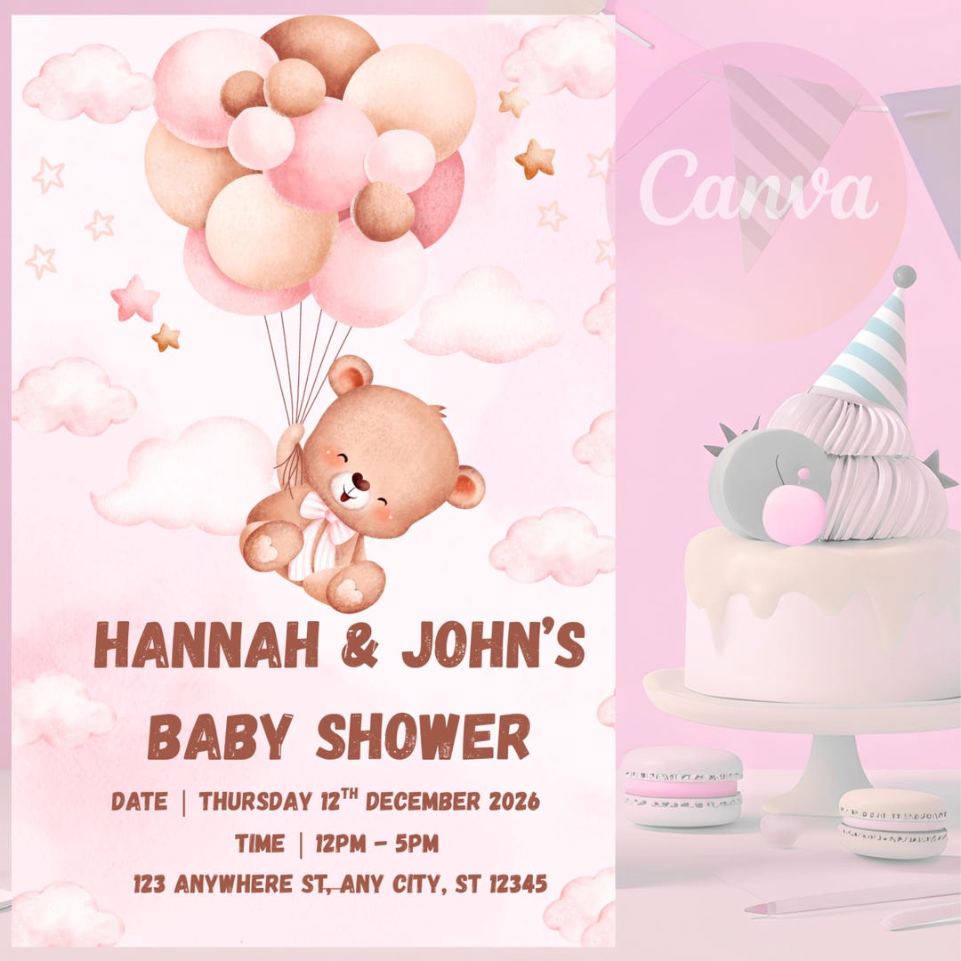 Teddy Bear Baby Shower Invitation Template, Pink Balloon Teddy Baby ...
