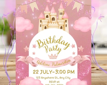 Prinzessin Geburtstagseinladung, Rosa Schloss Prinzessin Party einladen, Prinzessin Geburtstagsparty einladen, Mädchen Märchen Geburtstag Vorlage Download
