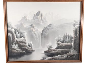 Vintage Oil Painting Original Monochrome Mountain Landscape Framed