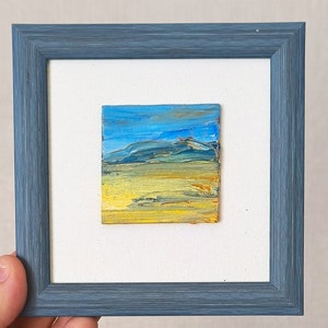 Pequeña pintura original enmarcada estilo minimalista 5x5 diminuto arte al óleo azul pequeña obra de arte abstracta bellas artes arte de pared costero decoración de habitación azul