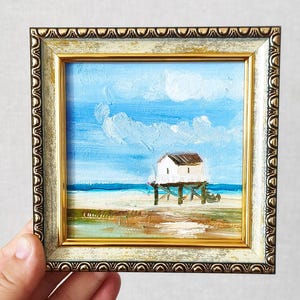 Tiny landscape Original Oil Painting Small Seascape Framed 5х5 Nature Ocean Beachy Entryway Decor Mini Oil Artwork, Coastal Bathroom Decor