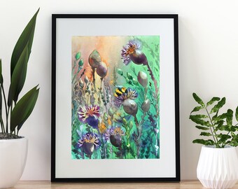 Bee Flowers Art, Bumblebee Original Watercolor Painting 8x12in Floral Art, Bee Honey Wall Art, Flying Bee, Busy Flowers Plants,