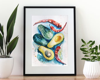 Avocat, peinture poivron rouge, aquarelle originale, décoration de cuisine, nourriture, art mural, légumes, piment, épices