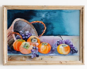 Fruits peinture raisin kaki Original aquarelle art cuisine décoration murale nature morte peinture osier panier fruits