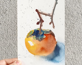 Persimmon Branch Orange Watercolor Hand Painted 8х5 Small Fruit Artwork, Tiny Watercolor Still Life, Contemporary Food Art