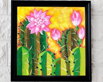 Cactus in fiore, arte della parete del cactus Saguaro 8x8 fiori rosa, dipinto originale di cactus colorati, arte messicana, arte della pianta del deserto dei cactus