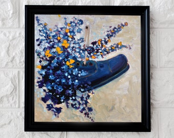 Petite peinture à l'huile originale fleurs bleues décoration murale Art bouquet toile peinture cadeau pour femme fleurs portrait huile photo chambre d'enfant