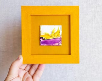 小さな抽象油絵：茶色と黄色の質感のあるミニチュア額装アート - Etsy 日本