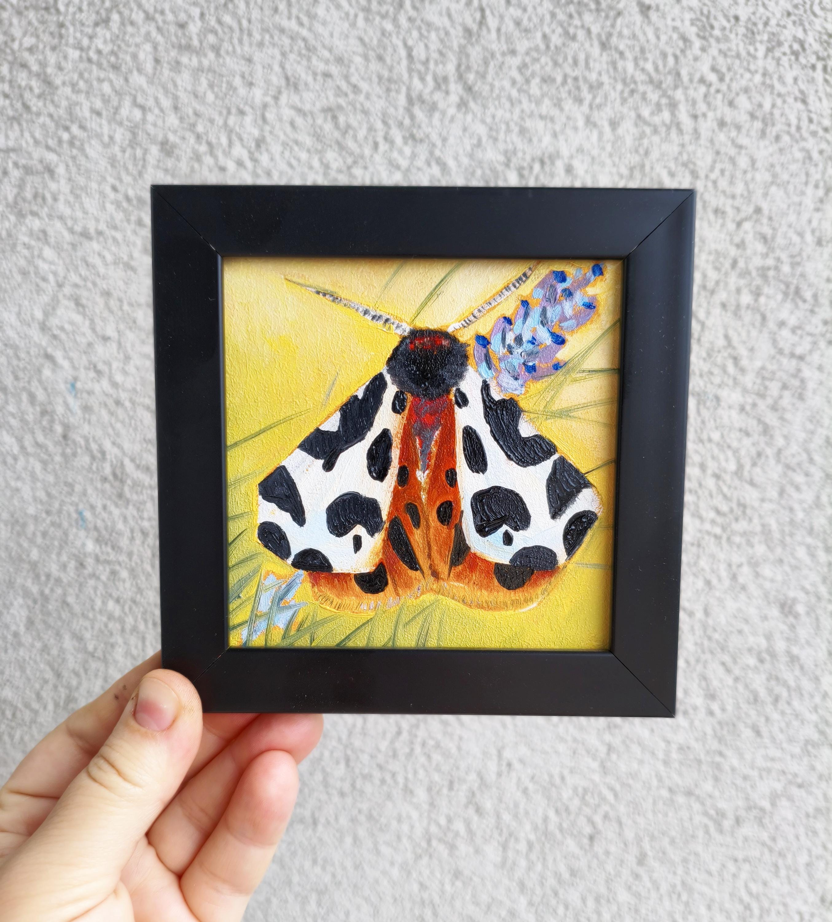 蛾の油絵 額入りミニ 赤い昆虫 オリジナルアート 5х5 小さなマグネット