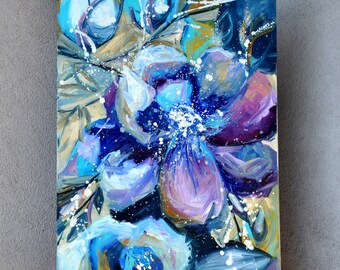 Fleurs bleues abstraites, peinture à l'huile, toile d'art originale 20 x 31, peinture de fleurs violettes, art mural floral moderne, or bleu froid
