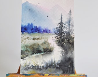 Landscape Forest Painting Original Watercolor Mountain Wall Art River Fog Art Early Morning Nature Bird