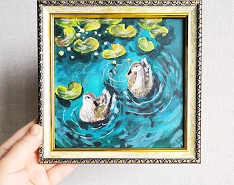 Mallard Ducks Original Painting: Lily Lake Framed Art (6x6)