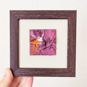 Pequeña pintura al óleo original, obra de arte abstracta, diminuta, enmarcada, estilo minimalista, 5x5, galería, paredes, imágenes modernas, marrón, mini, pintada a mano