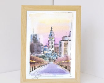 Paesaggio dello skyline del municipio di Filadelfia, pittura ad acquerello originale 6X9 Paesaggio panoramico di Philadelphia, decorazione artistica da parete Pennsylvania, viaggi negli Stati Uniti