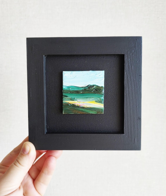 抽象油彩画 小型 黒のミニ油絵、小さな風景抽象画（額装済み、5x5インチ） - Etsy 日本