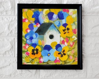 Pansy Painting, Yellow Blue Purple Flowers Oil Original Art, Bright Flower Painting, Floral Wall Art, Square Small Painting, Bird Feeder