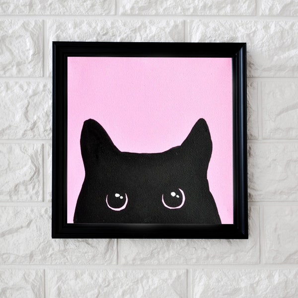 Black Cat Painting, Cat Portrait Original Art Canvas 6х6 inch Kitten Painting, Animal Wall Art, Pet Cat lover