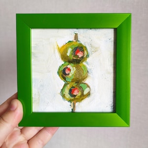 Pintura de aceitunas, pequeña obra de arte al óleo, cocina, bodegón, arte original, verde, marco pequeño, 5x5, abstracto, fino, miniatura, decoración de bar, arte de pared