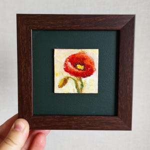 Red Poppy Flower, Original Oil Painting, Small Floral Artwork, Framed 5х5, California Poppy Painting, Tiny Plants Art