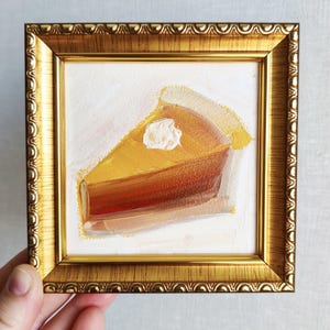 Pumpkin Pie Painting, Kitchen Small Decor, Original Oil Artwork, Framed 4х4, Mini Still Life, Food Art, Baking, Dessert