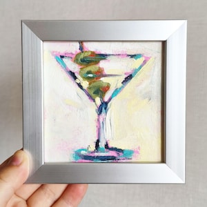 Pintura original de Martini, pequeña, aceite de oliva, arte, decoración de bar, arte de pared, obra de arte abstracta, cocina, bodegón, marco pequeño, 5x5, miniatura fina