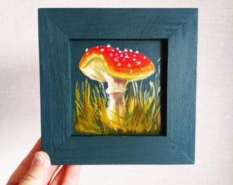 Framed Toadstool Oil Painting: Miniature Autumn Forest Art, 5x5