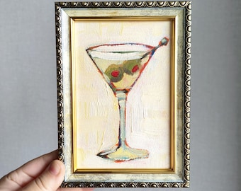 Martini Oil Painting, Olive Cocktail Frame 6x4, Mini Original Artwork, Still Life Miniature Bar Wall Art