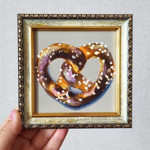 Pretzel Original Painting: 5x5 Framed Miniature Kitchen Art