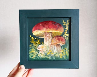 Framed Mushroom Mini Oil Painting: Autumn Forest Wall Art