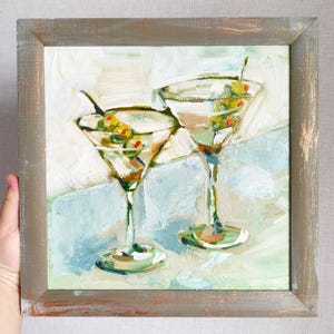 Martini glasses Oil Painting: Cocktail Wall Bar Decor, Green Olive, Framed 10x10 Alcoholic beverage