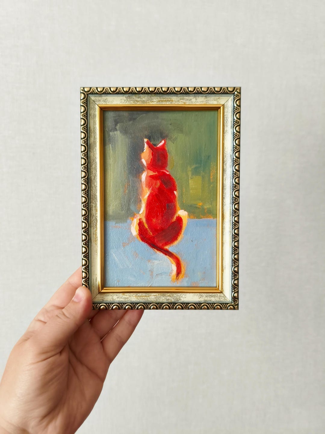 Red Cat Mini Oil Painting Animal Cute Kitten Original Art Framed 6x4 ...