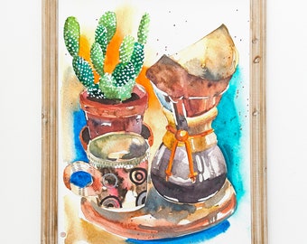 Coffee Watercolor painting Coffee art picture Coffe Original Watercolor Coffee maker Pour over coffee Kitchen Coffee Wall Art Coffee Gifts