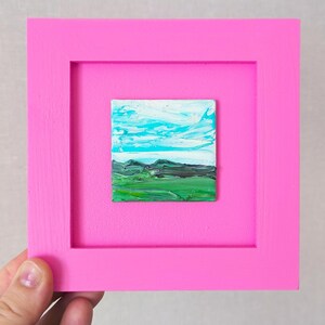 Pintura al óleo abstracta rosa, pequeña, enmarcada, 5x5, colorida, mini obra de arte, pequeño regalo al óleo, arte moderno, decoración rosa, pintura texturizada cuadrada.