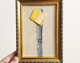 Buttermesser Gemälde Miniatur, Kleines gerahmtes Kunstwerk, Winziges Original Mini Stillleben, Essen Kunst