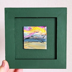 Small Abstract Framed 5x5 Tiny Painting, Landscape Art, Mini Artwork, Modern Colorful, Sunset Oil Original Painting Vivid Textured Painting
