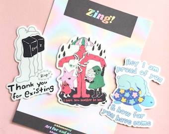May include: Four colorful stickers with illustrations and text. The stickers feature a person holding an umbrella, a turtle with a person on its back, a person with a keyboard, and a person with a star. The text on the stickers reads "Zing!", "Hey I am proud of you", "Thank you for existing", and "& how far you have come".