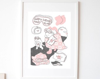 Cat Napping Art Print, Self-Love Wall Decor, Calming Daydream | Happy Hour Nap Club