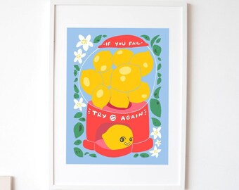 Gumball Machine with Lemons Art Print, Motivational Illustration and Quote for Growth Mindset, Positive Wall Art | If You Fail Try Again