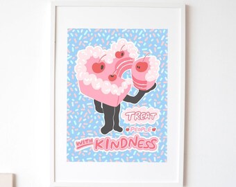 Pink Cake with Cherries Art Print, Funky Kitchen Decor (8x10) | Treat People With Kindness