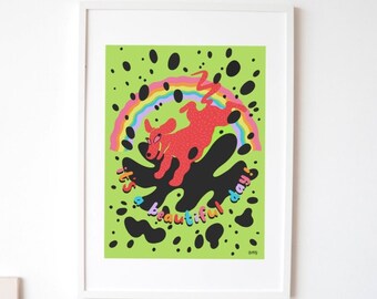 Playful Puppy Art Print | Rainbow Dog Illustration