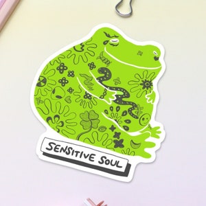 Sensitive Soul Sticker, Tattooed Frog Tough Outside Soft Inside Personality, Kawaii Froggo Cartoon Decal for Emotional Support Water Bottle
