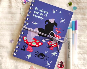 Handmade A5 Spiral Notebook, Whimsical Mushroom Print, Faux Leather String Closure