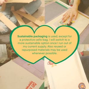 May include: Image showing the process of sustainable packaging. Cardboard is being cut, and a white envelope with stickers is visible. Text on the image reads: "Sustainable packaging is used... Also reused or repurposed materials may be used whenever possible."