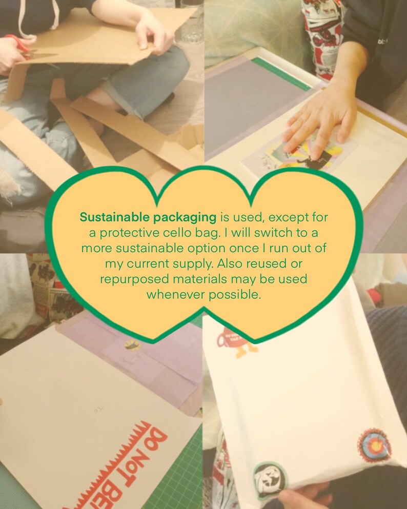 May include: Image showing the process of sustainable packaging. Cardboard is being cut, and a white envelope with stickers is visible. Text on the image reads: "Sustainable packaging is used... Also reused or repurposed materials may be used whenever possible."