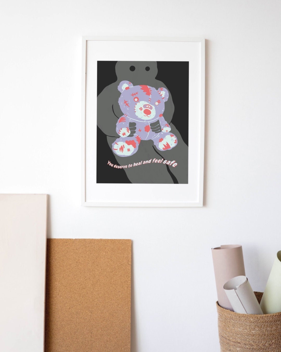 Trauma Healing Teddy Bear Art Print With Mental Health Quote, Moody
