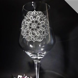 Mandala Wine Glass | Hand Engraved | Fully Personalized | BOHO Wine Glass | Yoga Wine Lover Gift |