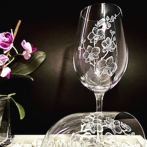Orchideen Wein Glas | Handgraviert | Vollständig personalisiert | Orchideen-Liebhaber-Geschenk | Wein-Liebhaber | Blumen Wein Glas | Orchidee Wein Glas