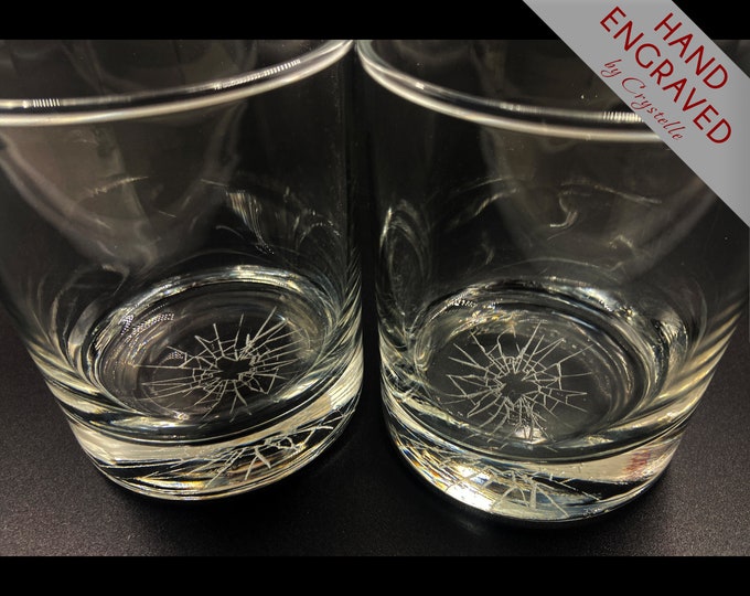 Broken Glass Whiskey Glasses Set of 2 Funny Whiskey Glassware with Hand Engraved Fake Broken Bottom