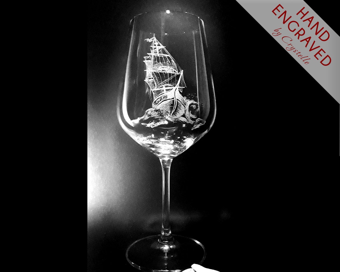 Pirates Sailing Ship Black Pearl Wine Glass Hand Engraved Etsy